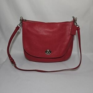 Coach Pebbled Leather Turnlock Hobo Red Purse